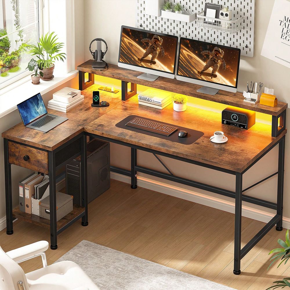 Home Office L Shaped Desk - Brown L Shaped Gaming Desk With